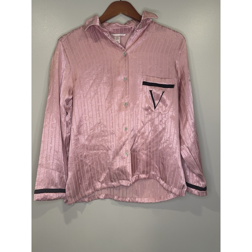 Victoria's Secret Pajama Top Large Pink Satin Button Up Logo Trim‎ femine luxury